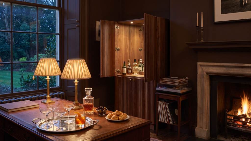 Panelled library set for cocktail hour with a tray of coupe glasses, a decanter, lamps turned low and a fire just lit