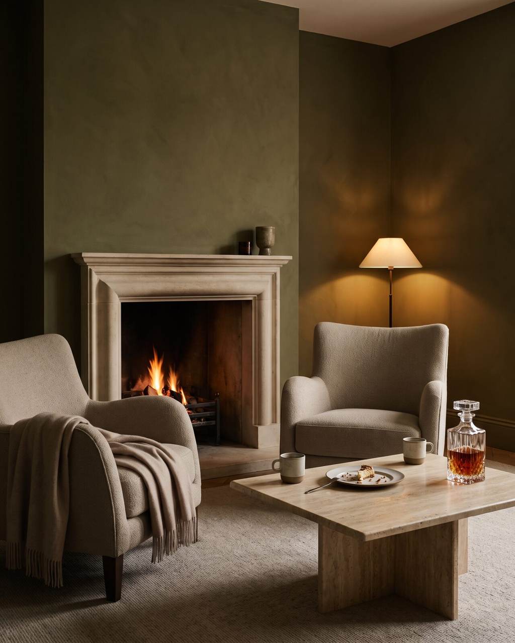 After-dinner seating group of two armchairs and a travertine table pulled close to a lit fire, with coffee and a decanter