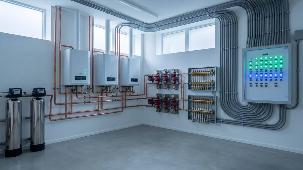 Immaculate estate mechanical room with wall-hung boilers, radiant-heat manifolds, circulation pumps and a control panel