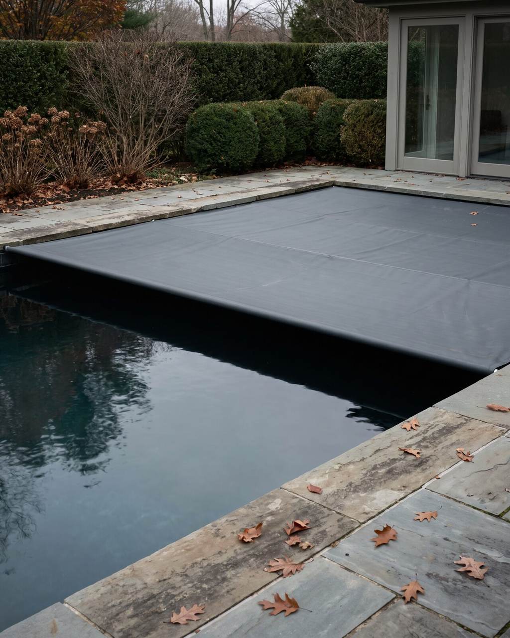 Automatic cover half drawn across a swimming pool with stone coping and fallen autumn leaves