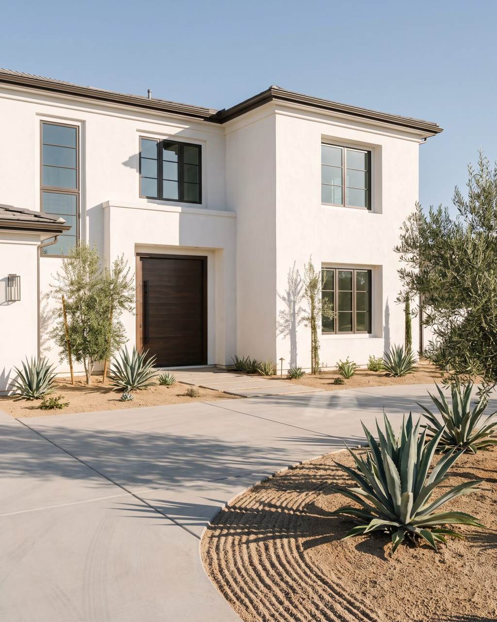 Newly completed white stucco spec house in a Sun Belt subdivision with fresh desert planting and an unused driveway
