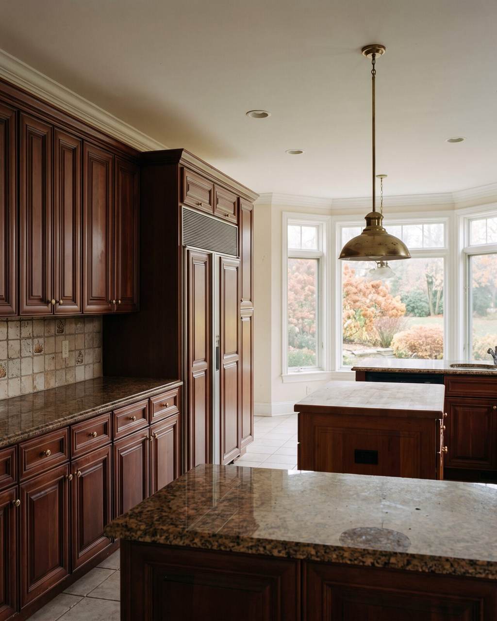 Dated 1990s kitchen with raised-panel cherry cabinetry and speckled granite counters in a large house awaiting renovation