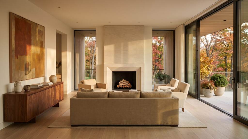 Move-in-ready great room with pale oak floors, a limestone fireplace and linen upholstery, opening to a terrace with autumn trees