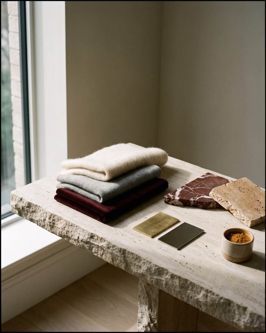 Material vignette on limestone: mohair and oxblood velvet swatches beside rosso marble, travertine and brass samples