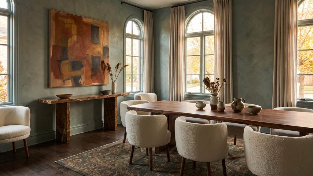 Dining room in smoky jade limewash with a brown onyx console, dark oak floors and cream bouclé chairs