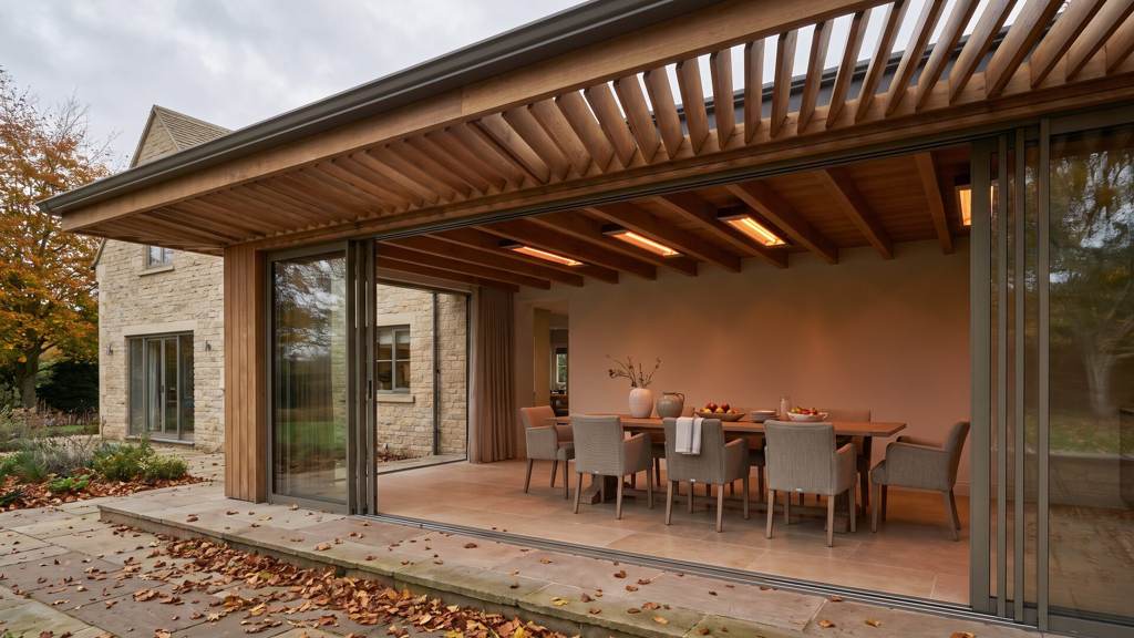 Four-season garden pavilion with timber louvers, frameless sliding glass and a long dining table