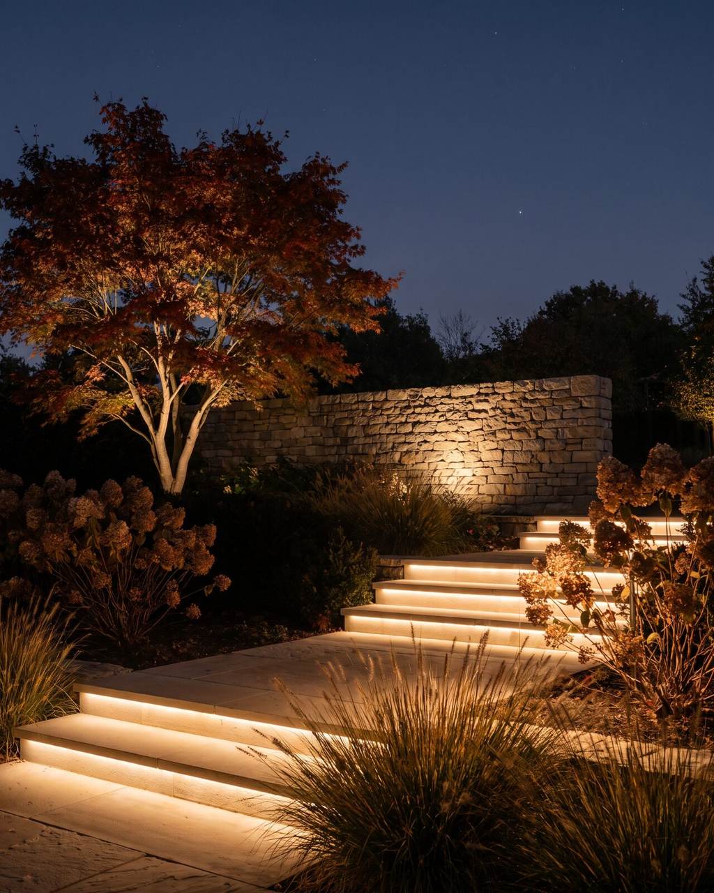 Stone steps and a dry-stone wall lit by concealed step lights, with one tree lit selectively and shadow preserved between