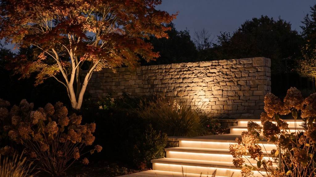 Stone steps and a dry-stone wall lit by concealed step lights, with one tree lit selectively and shadow preserved between
