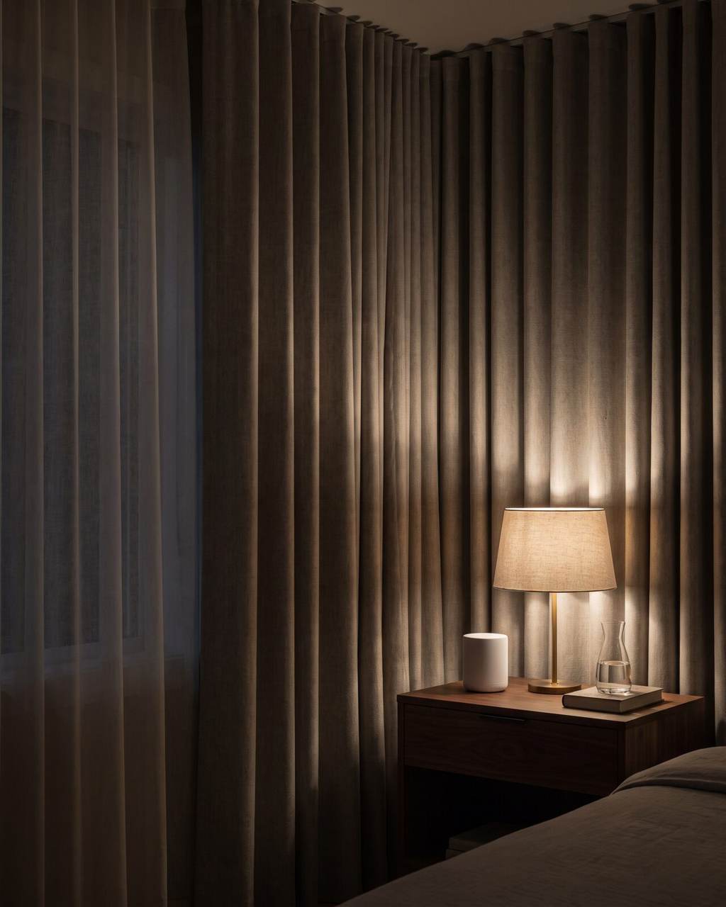 Guest bedroom window at night with lined curtains drawn closed over a sheer layer, and a small white sound machine beside a low shaded lamp, a carafe and a book on a walnut nightstand
