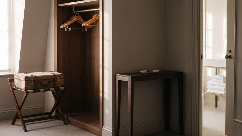 Arrival corner of a guest suite with a suitcase on a folding wood luggage rack, an open walnut closet bay with empty wooden hangers, a slim console with a key dish and folded white towels in the bath beyond
