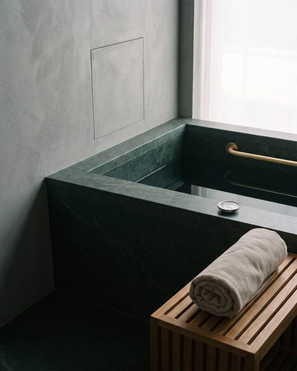 Purpose-built cold plunge in dark green honed stone with a wide coping, a brass grab rail, an analogue thermometer and a flush filtration access panel