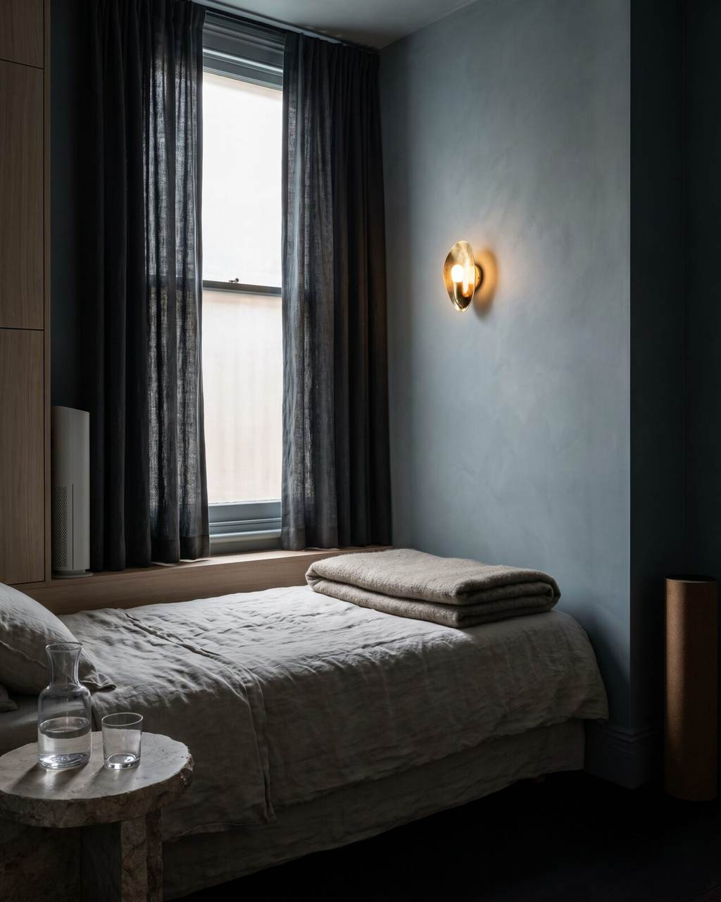 Rest and recovery room with a linen-dressed daybed, blackout curtains half drawn, one low wall light and a slim air purifier set quietly beside the cabinetry