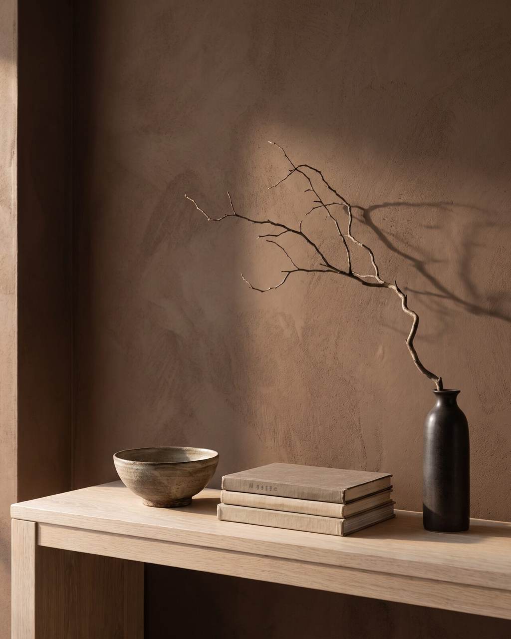 One restrained styling vignette on a bleached oak console: a hand-thrown stone bowl, three clothbound books and a bare branch in a dark ceramic vessel against brown plaster