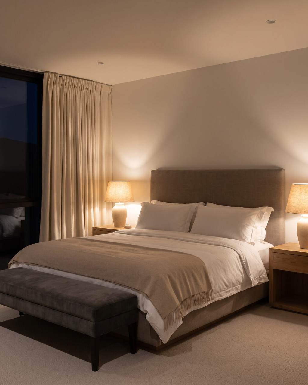 Primary suite photographed after dark with the overheads off, matching shaded bedside lamps turned low, white bedding, a cashmere throw and a suede bench at the foot of the bed