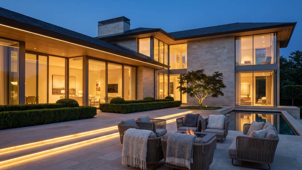 Twilight exterior of a limestone-and-glass house with warm interiors behind full-height glazing, lit terrace steps, a dressed fire-table seating group and a still pool reflecting the facade