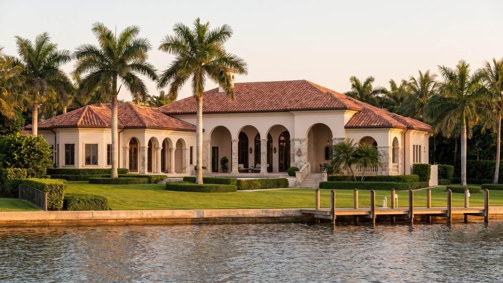 Gulf Coast waterfront estate seen from the water at golden hour, with arched loggias, clipped hedging, royal palms and an empty private dock