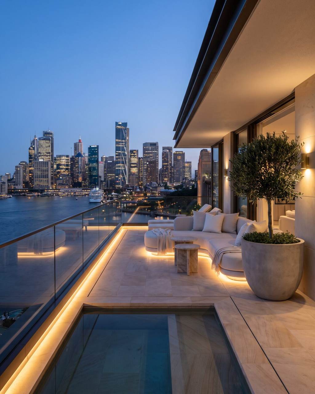Terrace of a trophy waterfront penthouse at blue hour, with a shallow plunge pool, ivory outdoor seating, a clipped olive in a stone planter and a lit skyline across the water