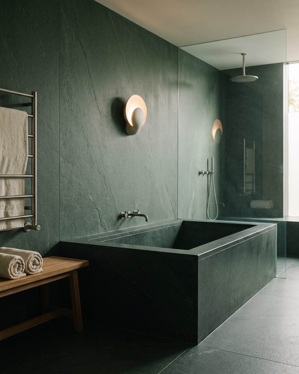 Transition from a dark stone cold plunge to a frameless rain shower, with a heated towel rail and teak bench