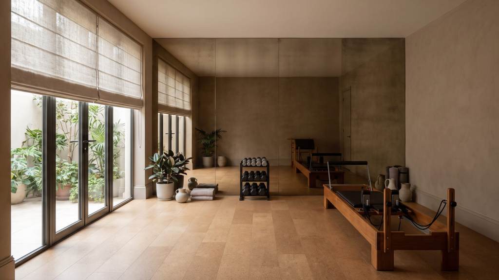Home movement studio with a Pilates reformer, cork flooring, antiqued bronze mirror and doors to a private courtyard