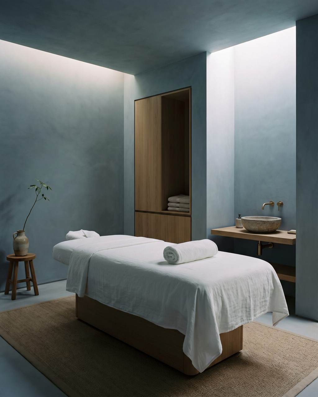 Residential treatment room with a dressed massage table, mineral blue-grey limewash walls and dimmed cove lighting