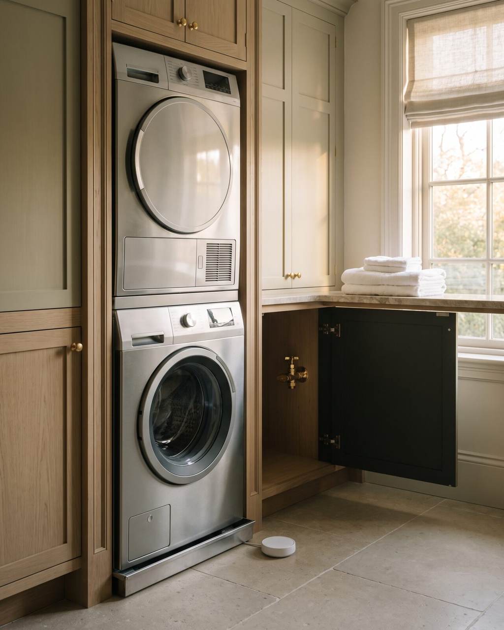 Oak-cabinet laundry room with a stacked washer and dryer on a steel drip pan, a small leak sensor on the stone floor and the water shutoff valve left accessible behind an open cabinet door