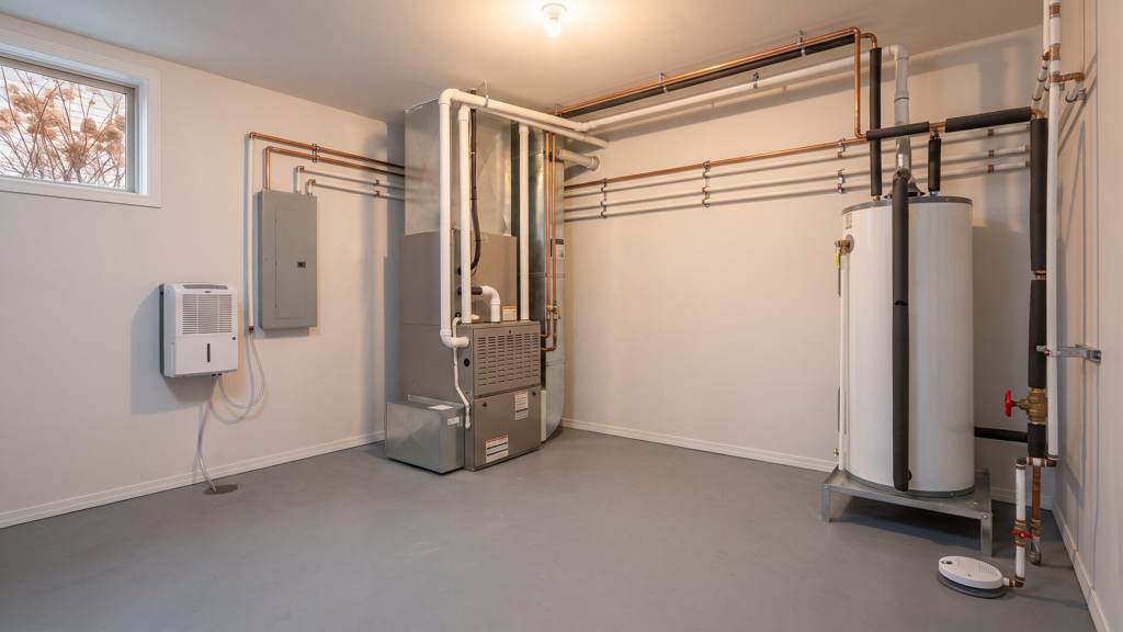 Orderly estate mechanical room readied for winter, with a furnace and filter cabinet, insulated copper runs, a water heater on a stand beside a floor leak sensor and a wall-mounted dehumidifier draining to a floor drain