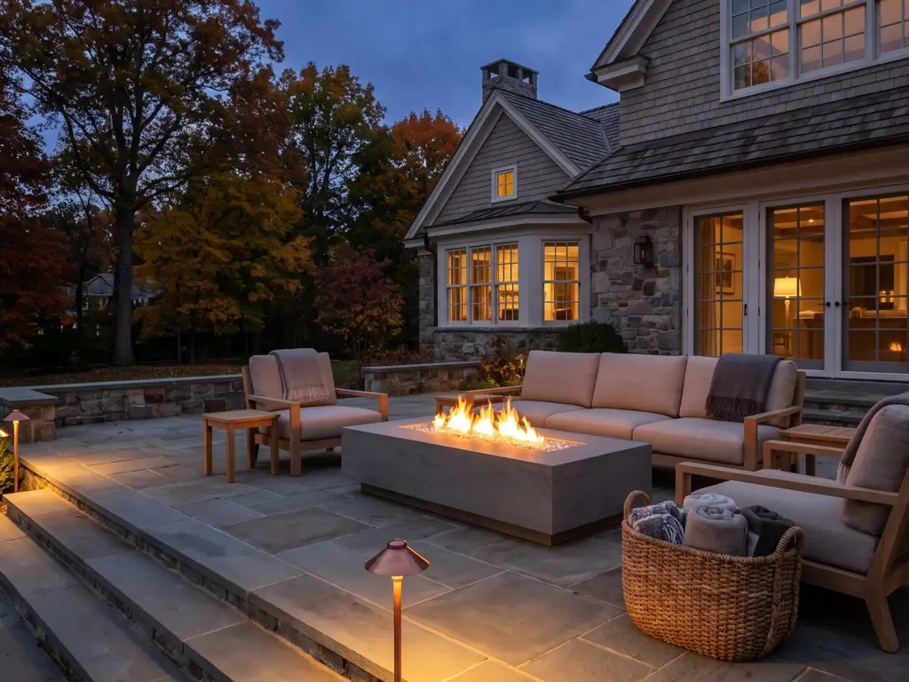Stone terrace at blue hour with a lit gas fire table, deep lounge chairs and a sofa with wool throws, a basket of folded throws and low path lights along the steps, and warm lit windows in the house behind