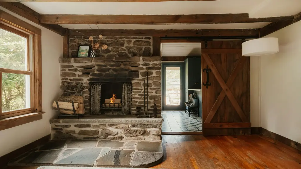 Living room with a wood fire burning in a fieldstone fireplace, a wide flagstone hearth, a log holder, exposed ceiling beams and wide-plank wood floors