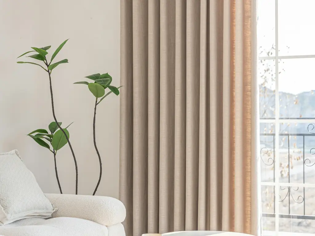 Full-height linen drapery beside tall white French doors in a bright living room, with a white boucle sofa and a potted plant